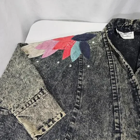 Diamonds Leather Acid Wash Embellished Denim Jean Jacket 1980s USA Size Medium - Picture 5 of 15